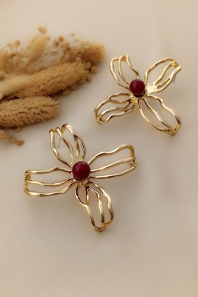 COSİTA Burgundy Pearl Detailed Gold Large Size Metal Flower Earrings (6,5cm)