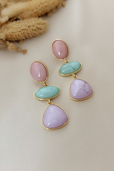 COSİTA Pink Green Lilac Colored Dangle Long Brand Model Gold Framed Stylish Evening Dress Earrings
