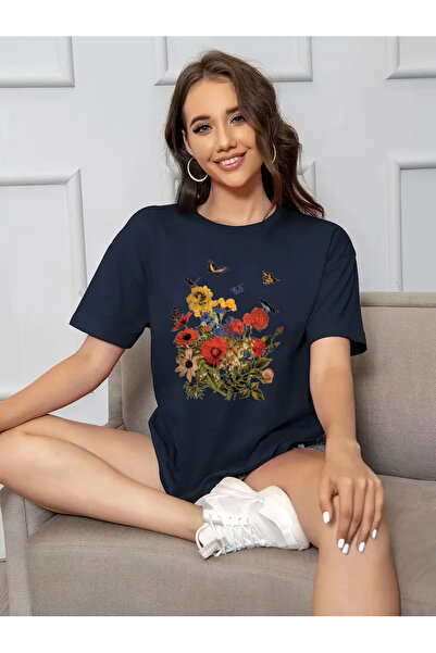 Trend Sizde Unisex Cotton Butterfly Flowers Front Printed Design Tshirt