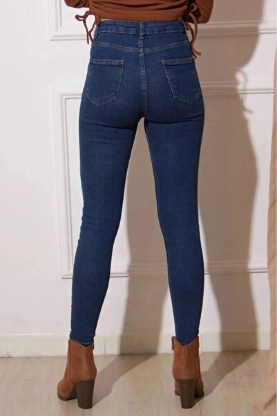 TugsatTasarTekstil Koyu Mavi Dar Paça Süper Skinny Kadın Yüksek Bel Power Likra Kot Pantolon