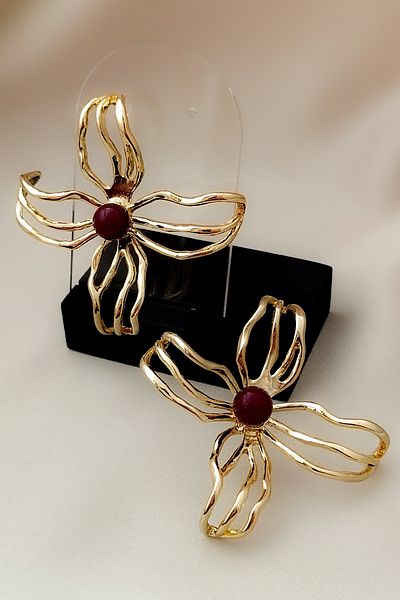 COSİTA Burgundy Pearl Detailed Gold Large Size Metal Flower Earrings (6,5cm)