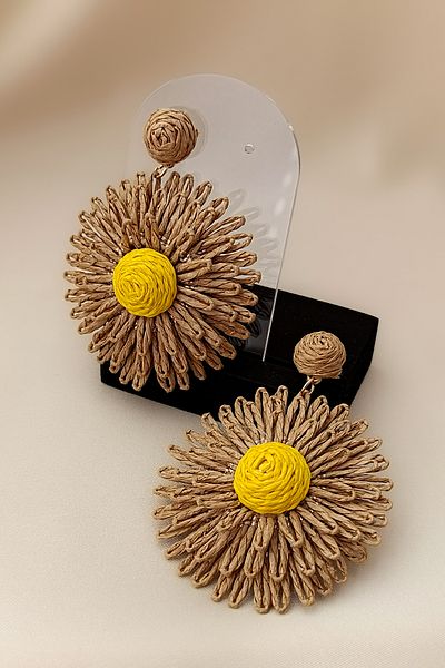 COSİTA Wicker Large Size Brown Yellow Flower Dangle Earrings