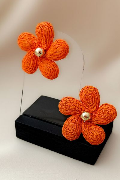 COSİTA Wicker Orange Daisy Earrings Gold Detailed Medium Size