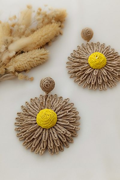 COSİTA Wicker Large Size Brown Yellow Flower Dangle Earrings