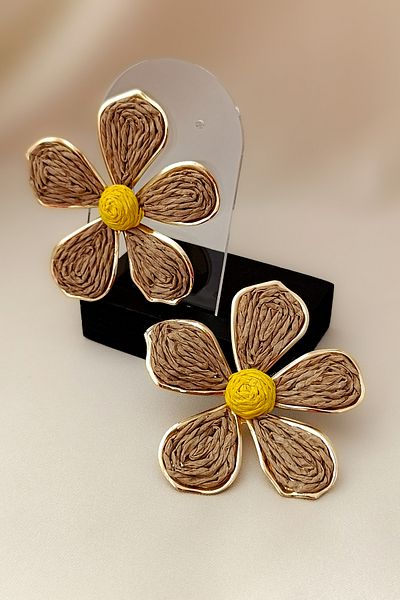 COSİTA Wicker Large Size Daisy Brown Yellow Flower Gold Framed Earrings