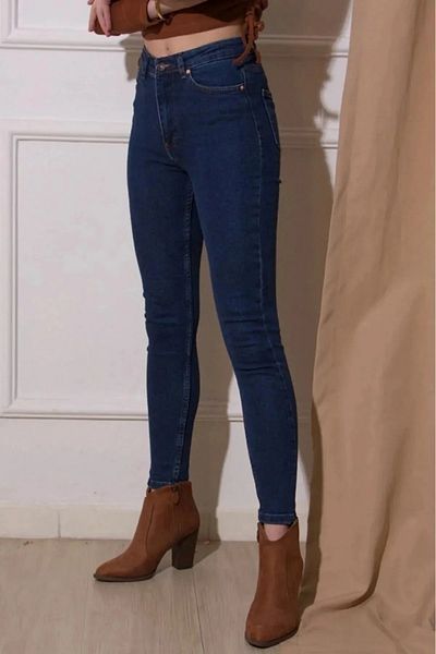 TugsatTasarTekstil Dark Blue Skinny Leg Super Skinny Women's High Waist Power Lycra Jeans