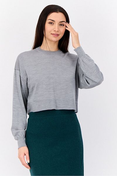 Esprit Women Crew Neck Knitted Cropped Sweater, Grey