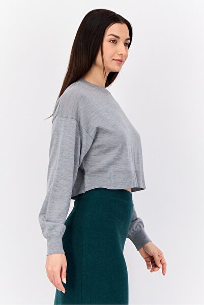 Esprit Women Crew Neck Knitted Cropped Sweater, Grey