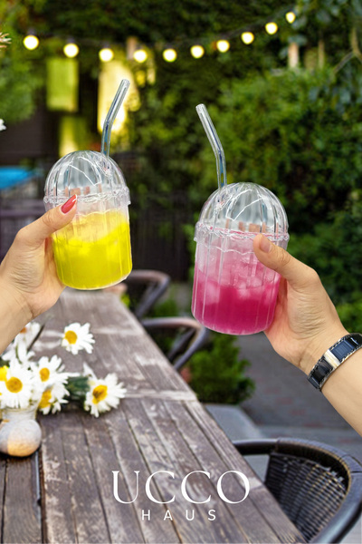 UCCO Crystal Plastic Pinterest Cup, Glass Straw Coffee Lemonade Soft Drink Tea Cocktail Presentation Cup