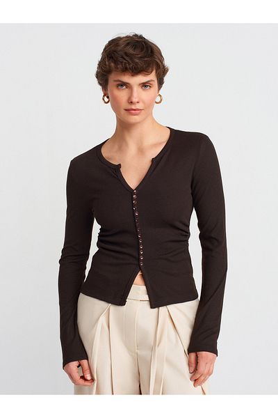 Dilvin 31548 Λεπτομέρεια με κουμπιά Gathered Top-σκούρο καφέ