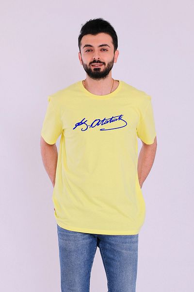 Tshirthane Yellow Navy Blue Atatürk Signature Shortcut Men's Slim Fit T-shirt