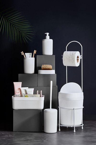 AC BOX 7 Piece White Bathroom Set with Metal Stand and Bucket, Wc Paper Holder, Cosmetic Box, Toothbrush Holder and Soap Dish
