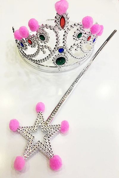 Mu Art Silver Princess Crown with Pink Pompom and Silver Princess Scepter