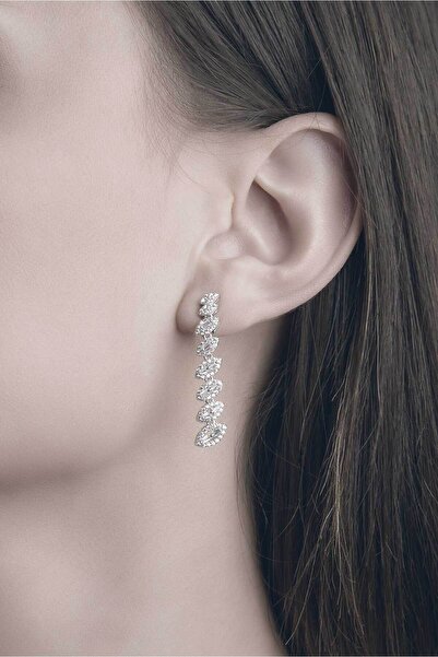 So CHIC... Markiz Taşlı 18 Ayar Beyaz Altın Kaplama Gümüş Küpe