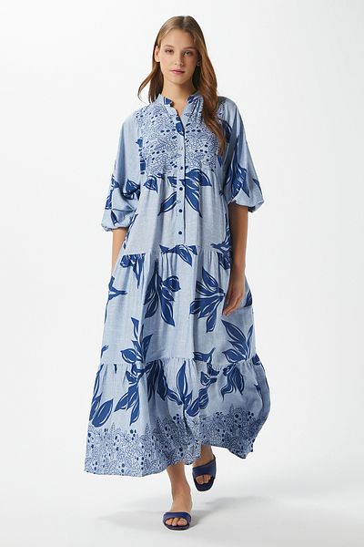 Ritnice Modest Freya Blue Women's 100% Viscose Maxi Length Tiered Balloon Sleeve Long Summer Dress