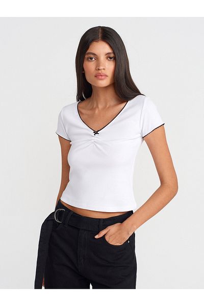 Dilvin 31798 Short Sleeve Shirred Top-White