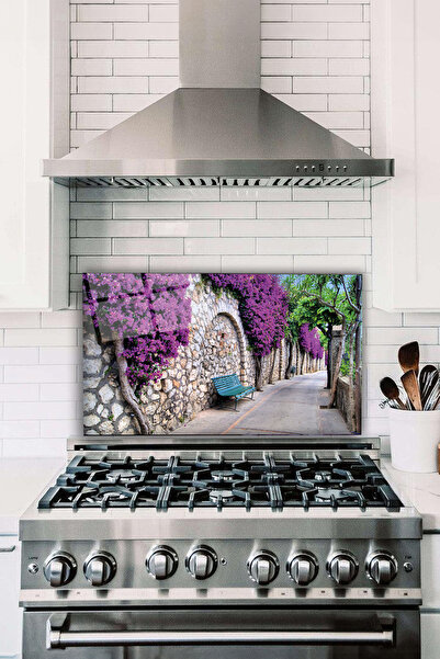 Vosevu Mor Çiçek Salkımlı Sokak Cam Ocak Arkası Koruyucu, Isıya Dayanıklı, Te...