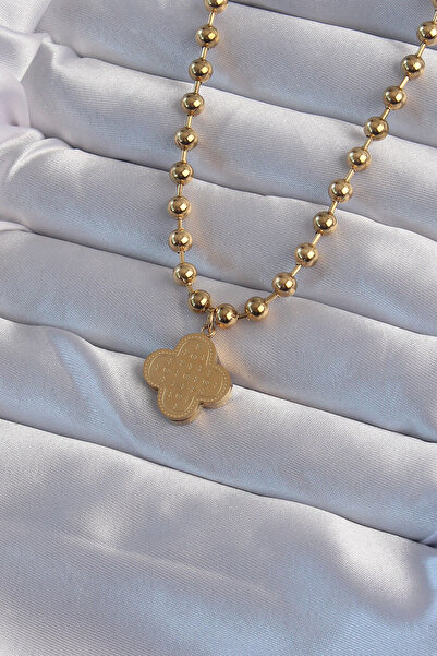 Clariss 316L Steel Ball Chain Gold Color Embroidered Clover Model Necklace