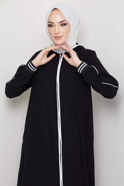 hafsamina Striped Piping Detailed Abaya Black