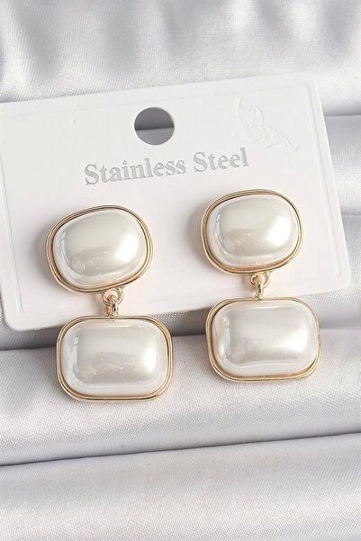 STOREMAX أقراط نسائية مربعة الشكل بلون ذهبي نحاسي مع لؤلؤ متدلي