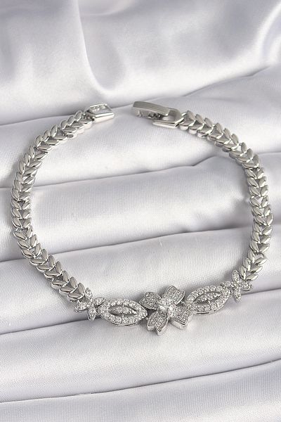 NEZADE STORE Brass Silver Color Zircon Stone Flower Figure Barley Chain Model Women's Bracelet - Lisinya