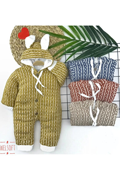 İsmiyle Al 6-9-12-18 Ay Düğme Kapamalı Kulaklı Kapşonlu Triko Kumaş Kız Erkek Bebek Tulumu Bej