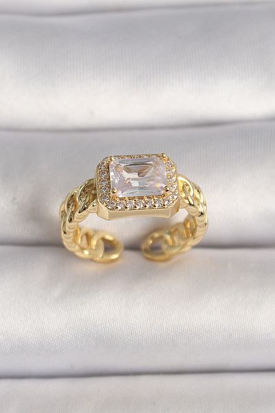SeyCey.co Brass Gold Color Chain Model Square Zircon Stone Women's Ring