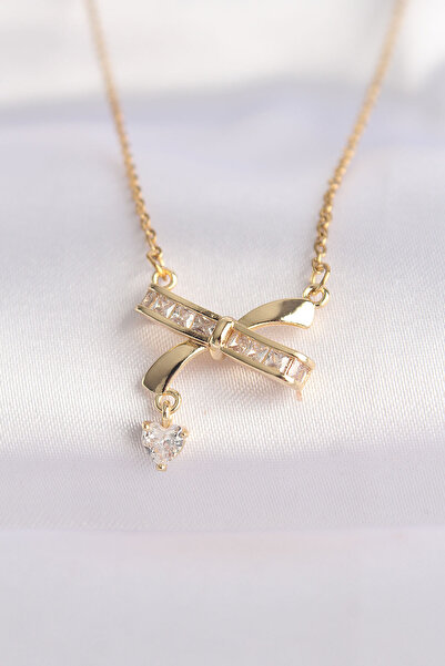 Twin Store 316L Steel Chain Gold Color Zircon Stone Heart Detail Bow Necklace