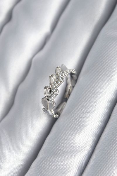 Skygo Brass Silver Color Heart Model Pearl Detail Women's Ring