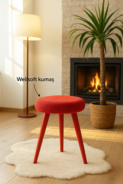 decosense Cozy Peluş Puf Dekoratif Ahşap 3 Kırmızı Ayaklı Tabure Şık Konforlu Yumuşacık Modern ve Rahat Oturak