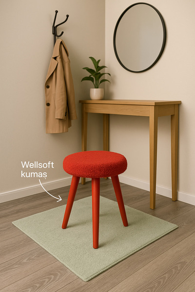 decosense Cozy Peluş Puf Dekoratif Ahşap 3 Kırmızı Ayaklı Tabure Şık Konforlu Yumuşacık Modern ve Rahat Oturak