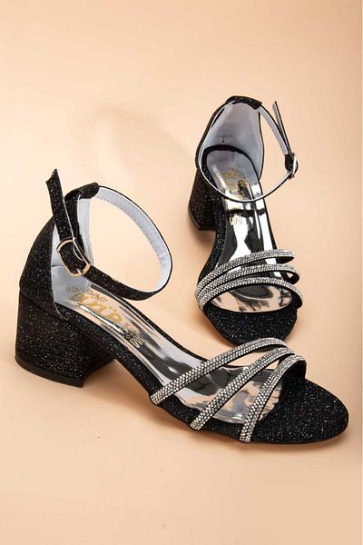 Afacan Bücür Girl's Black Çipa 3 Row Stone Summer Evening Dress Shoes