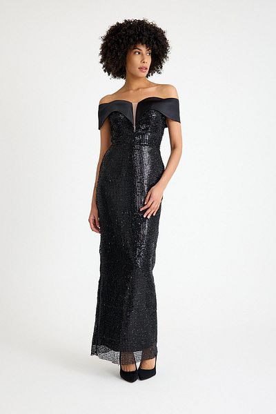 SpringStore Black Strapless Beaded Evening Dress