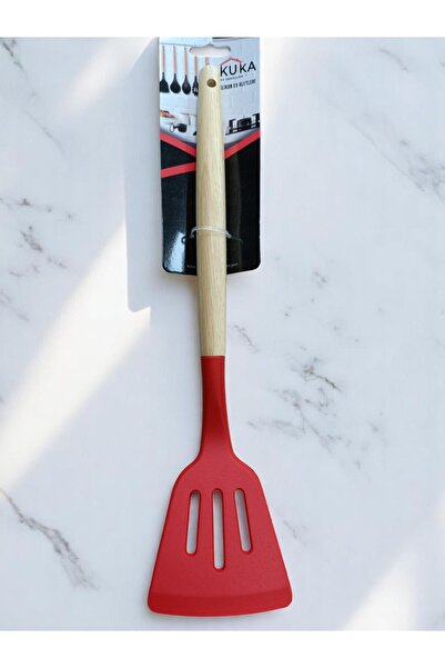 Kuka ملاعق مطبخ بمقبض بامبو شكل شواية لون احمر 31 سم