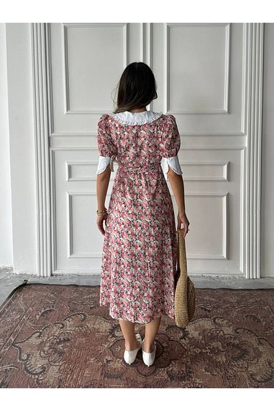 MAXMOOR Women's Pink Flower Pattern Baby Collar Midi Dress