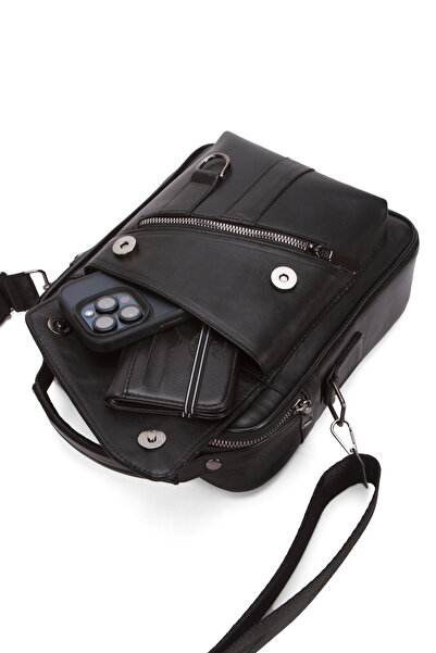Newish Чоловіча чорна сумка на руку та плече з натуральної шкіри