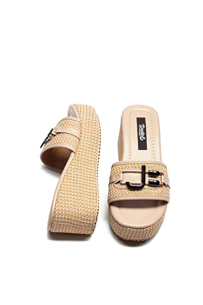 Dedos Women's Straw Knitted Buckle High Platform Heeled Slippers 2400