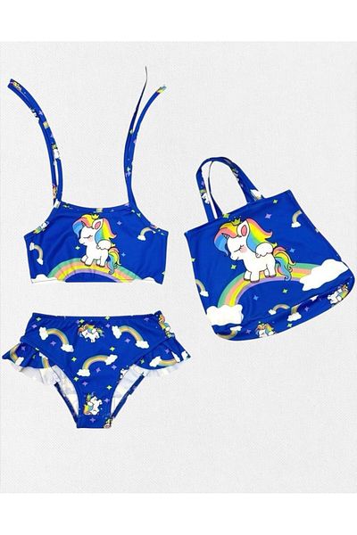 Fil Kids Κορίτσια Παιδικό Μπλε Χρώμα 3 τεμαχίων με Τσάντα Unicorn Rainbow Printed στενό υφαντό σετ μπικίνι γρήγορου στεγνώματος