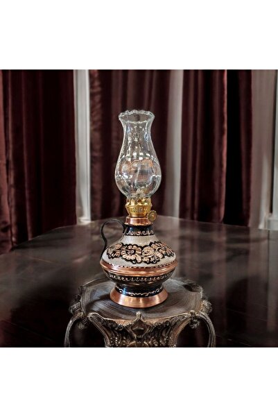 Bakır Center Bakır Gaz Lambası Gece Lambası Küçük Boy Tamamen El İşlemeli Siyah Renk Bakır Kulplu Fitilli