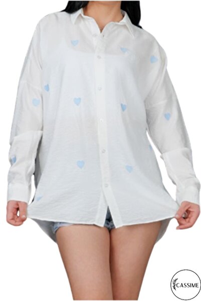 Cassime Women's Blue Embroidery Heart Embroidered Oversize Ayrobin Shirt - 100% Cotton
