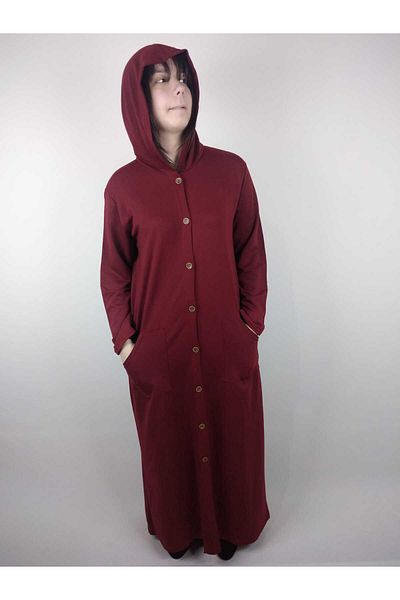 YAŞAR TRİKO Women's Burgundy Buttoned Hooded Long Sleeve Double Pocket Long Seasonal Cap Overcoat