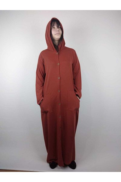 YAŞAR TRİKO Women's Tile Buttoned Hooded Long Sleeve Double Pocket Long Seasonal Cap Overcoat