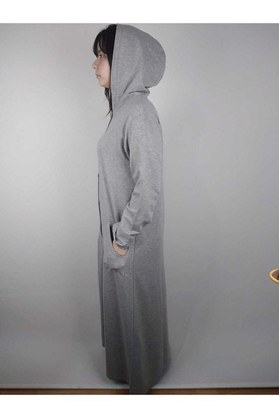 YAŞAR TRİKO Women's Gray Button Hooded Long Sleeve Double Pocket Long Seasonal Cap