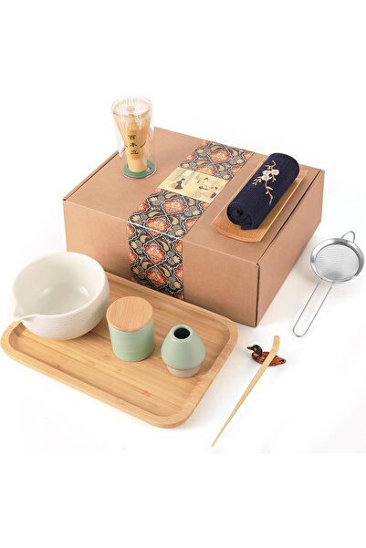 Artcome طقم ماتشا ياباني مصنوع يدويًا، 10 قطع، مع وعاء مع مدفق، مضرب، صينية، صندوق مسحوق وإكسسوارات