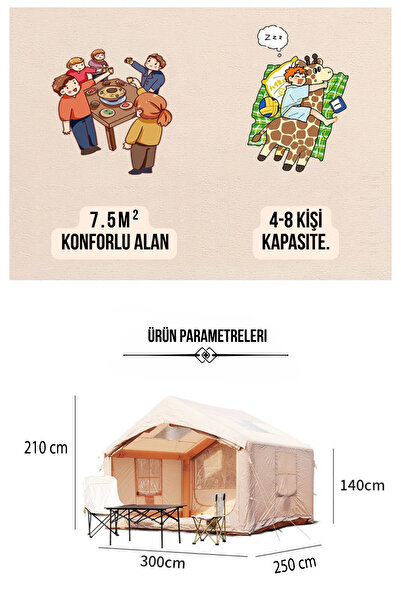 Streak Şişme Kamp Çadırı 5 Mevsim 300x250x210 cm 4-6 Kişilik Çadır Pompalı Baca Çıkışlı Tavan Manzaralı