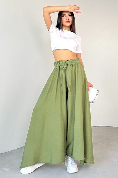 Cappmoda Pnt-07410 Mint Green Woven Belted Shalwar Skirt Trousers