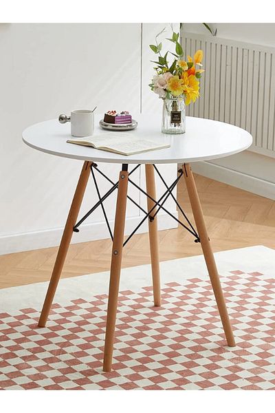 Orient Modern Side Table Round Dining Table – White Top with Wooden Legs | 70x76cm