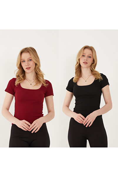 Wearflawless Kadın 2'li Adet Kısa Kollu Fitilli U Yaka Pamuklu Örme Kaşkorse ...