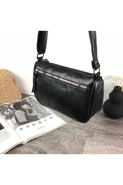 Deribag ,Piele naturală,Mărime mică,Negru,Geantă de damă cu curea încrucișată 22*18*8 Cm