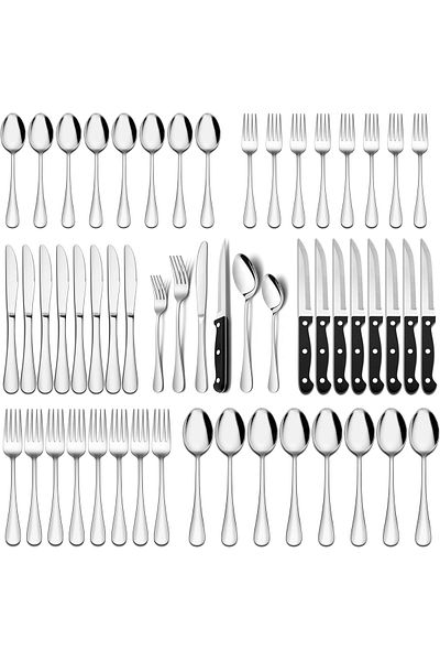COOYA 48 Pcs Flatware Set, Stainless Steel Spoons Forks Knives For Home Kitchen, Dishwasher Safe, Silver
